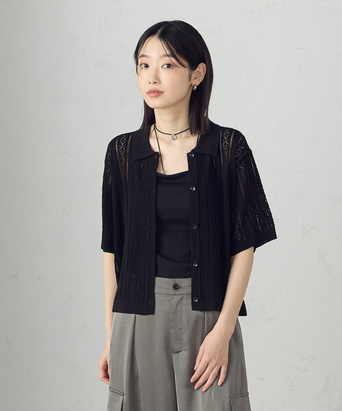 COMME CA ISM（コムサイズム）の「透かし柄半袖ニットシャツ（ニット/セーター・レディース・アイボリー/ブラック・FREE）」の2枚目の写真