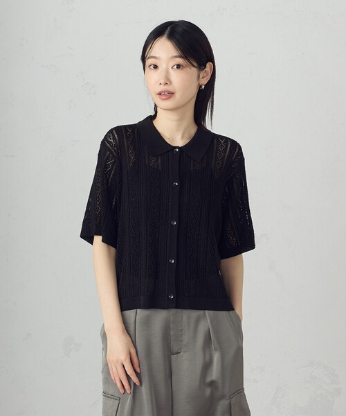 COMME CA ISM（コムサイズム）の「透かし柄半袖ニットシャツ（ニット/セーター・レディース・アイボリー/ブラック・FREE）」の3枚目の写真