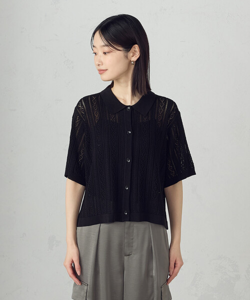 COMME CA ISM（コムサイズム）の「透かし柄半袖ニットシャツ（ニット/セーター・レディース・アイボリー/ブラック・FREE）」の4枚目の写真