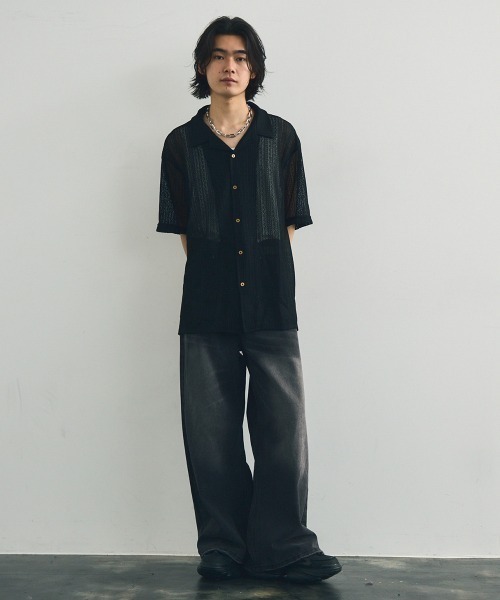 セール】Lace knit pattern open collar sheer shirt / レース
