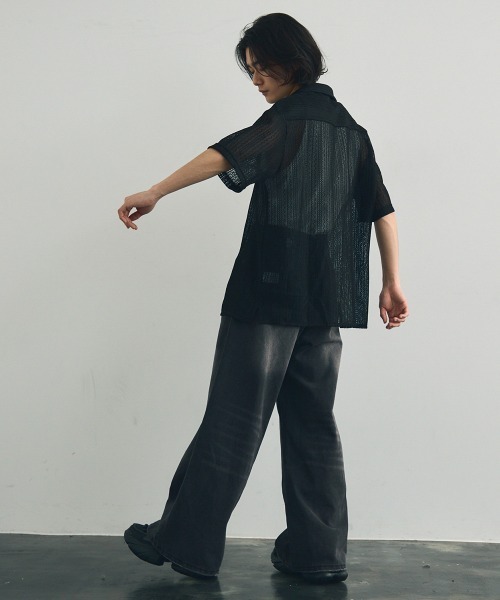 セール】Lace knit pattern open collar sheer shirt / レース