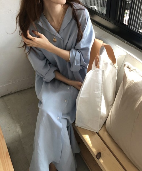 VIBGYOR（ヴィブジョー）の「ルーズロングシャツワンピース /冷房対策 日焼け対策(CZ)（シャツワンピース・レディース・ホワイト/ライトブルー/ネイビー/ブラウン・FREE）」の8枚目の写真