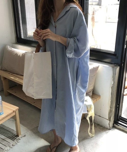 VIBGYOR（ヴィブジョー）の「ルーズロングシャツワンピース /冷房対策 日焼け対策(CZ)（シャツワンピース・レディース・ホワイト/ライトブルー/ネイビー/ブラウン・FREE）」の6枚目の写真