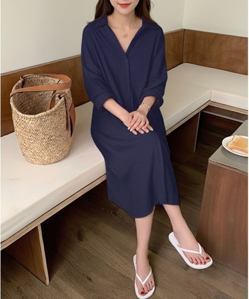 VIBGYOR（ヴィブジョー）の「ルーズロングシャツワンピース /冷房対策 日焼け対策(CZ)（シャツワンピース・レディース・ホワイト/ライトブルー/ネイビー/ブラウン・FREE）」の22枚目の写真