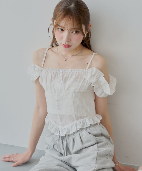 AIちゃん様未使用に近い マークアンドロナ ノースリーブ フリルポロシャツ ブラ MA*RS】肩開きフリルスライダーブラウス - ピンク size-F | 地雷