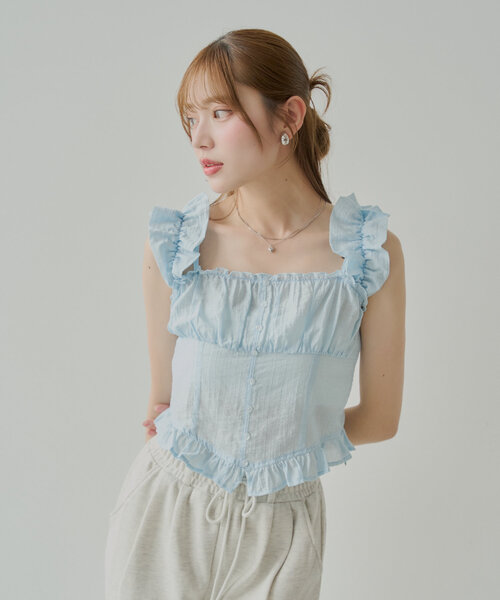 ココディール アシメフリルチュールノースリブラウス ピンクベージュ