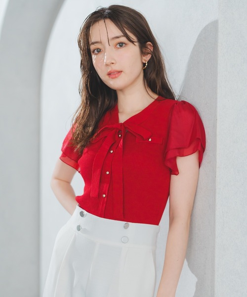 MISCH MASCH（ミッシュマッシュ）の「2025新作 ゴールド釦シアー袖ボウタイニット（ニット/セーター・レディース・ブラック/レッド/ホワイト/モカ・ﾌﾘ-）」の5枚目の写真