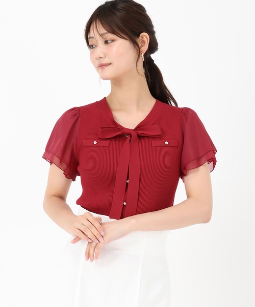 MISCH MASCH（ミッシュマッシュ）の「2025新作 ゴールド釦シアー袖ボウタイニット（ニット/セーター・レディース・ブラック/レッド/ホワイト/モカ・ﾌﾘ-）」の15枚目の写真