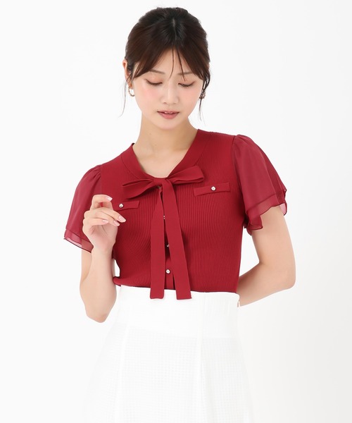 MISCH MASCH（ミッシュマッシュ）の「2025新作 ゴールド釦シアー袖ボウタイニット（ニット/セーター・レディース・ブラック/レッド/ホワイト/モカ・ﾌﾘ-）」の13枚目の写真