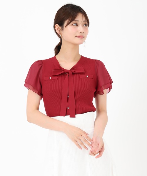 MISCH MASCH（ミッシュマッシュ）の「2025新作 ゴールド釦シアー袖ボウタイニット（ニット/セーター・レディース・ブラック/レッド/ホワイト/モカ・ﾌﾘ-）」の14枚目の写真