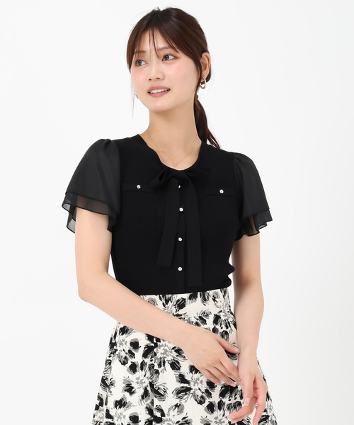 MISCH MASCH（ミッシュマッシュ）の「2025新作 ゴールド釦シアー袖ボウタイニット（ニット/セーター・レディース・ブラック/レッド/ホワイト/モカ・ﾌﾘ-）」の9枚目の写真