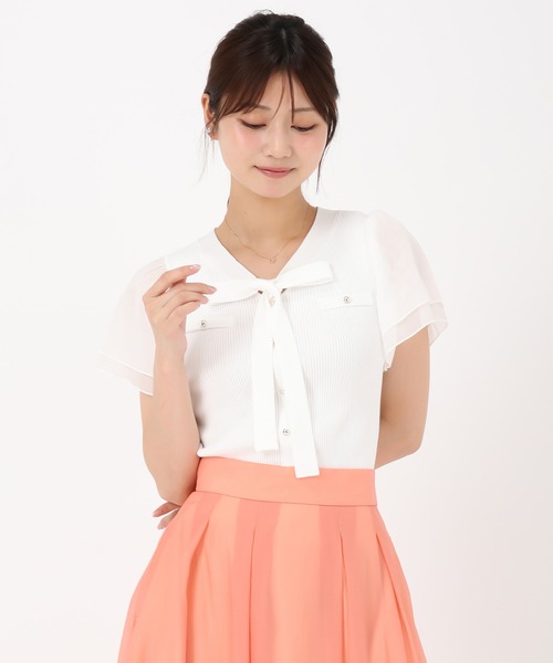 MISCH MASCH（ミッシュマッシュ）の「2025新作 ゴールド釦シアー袖ボウタイニット（ニット/セーター・レディース・ブラック/レッド/ホワイト/モカ・ﾌﾘ-）」の8枚目の写真