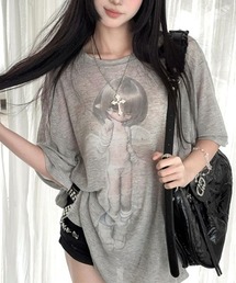 ビッグシルエットデザイン天使プリント透け半袖tシャツ