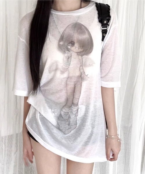 ViViDAY（ビビデー）の「ビッグシルエットデザイン天使プリント透け半袖ｔシャツ（Tシャツ/カットソー・レディース・ホワイト/グレー・M）」の3枚目の写真