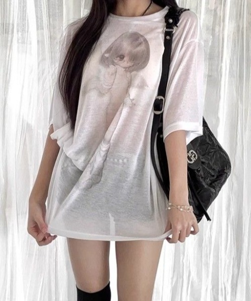 ViViDAY（ビビデー）の「ビッグシルエットデザイン天使プリント透け半袖ｔシャツ（Tシャツ/カットソー・レディース・ホワイト/グレー・M）」の5枚目の写真