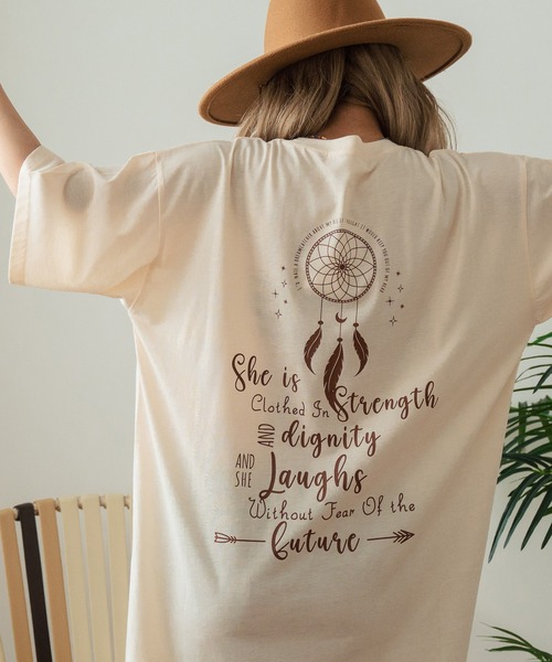 anap mimpi（アナップミンピ）の「BOHO Dream catcher メッセージ プリント ビッグ Tシャツ ワンピース（ワンピース・レディース・キナリ/ブラック・FREE）」の5枚目の写真
