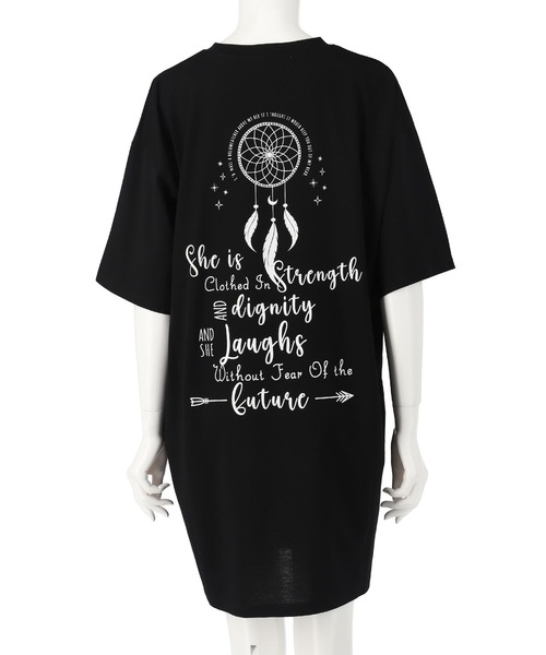 anap mimpi（アナップミンピ）の「BOHO Dream catcher メッセージ プリント ビッグ Tシャツ ワンピース（ワンピース・レディース・キナリ/ブラック・FREE）」の17枚目の写真
