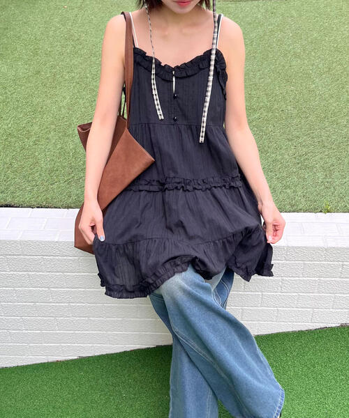 FREE'S MART（フリーズマート）の「◆コットンティアードキャミミニワンピース（ワンピース・レディース・ブラック/ホワイト・FREE）」の2枚目の写真