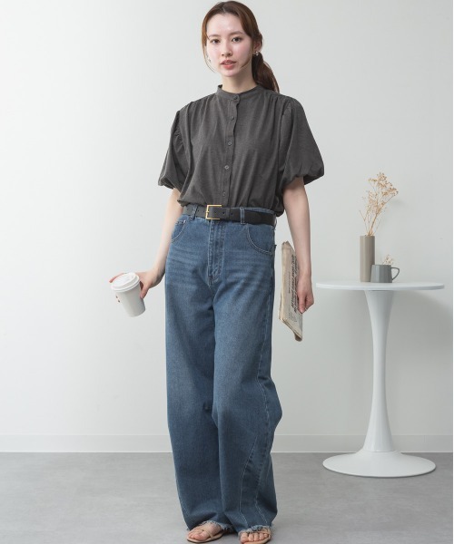 RCD（アールシーディー）の「ブラウス風パフスリーブカットソー（Tシャツ/カットソー・レディース・チャコールグレー/オフホワイト/ミント/ブラック/グレイッシュベージュ・M-L/4L～5L/LL～3L）」の7枚目の写真