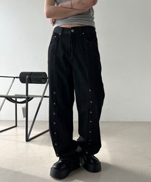 4INT.（フォイント）の「【後ろウエストゴム】ハイウエスト リベットスタッズ ブラック デニム ワイドパンツ（デニムパンツ）」