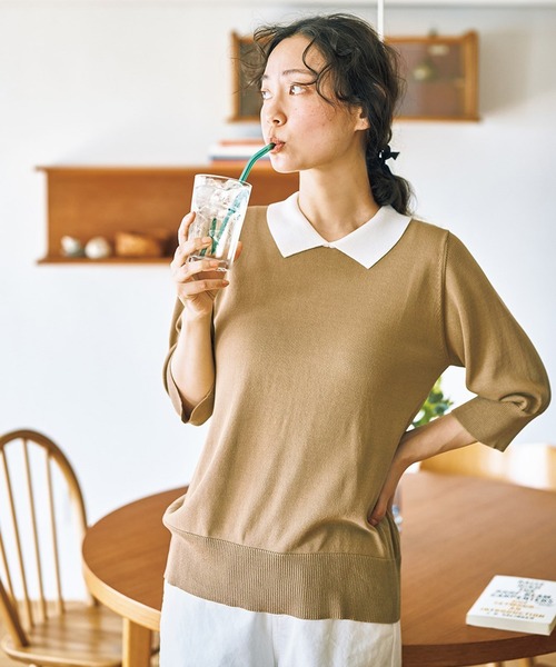 and myera（アンド マイラ）の「ａｎｄ　ｍｙｅｒａ　クレリックニットポロシャツ（ポロシャツ・レディース・グリーン/グレー/ベージュ・M/S/LL/L）」の2枚目の写真