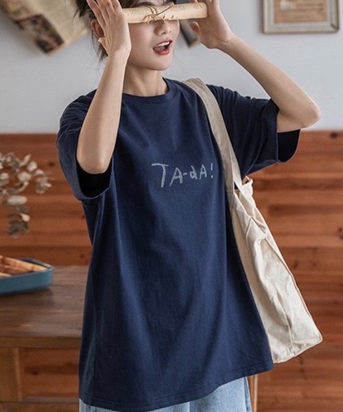 SHOUYO(ショウヨウ)の「手描き風フードプリントTシャツ(Tシャツ/カットソー・レディース・ネイビー/ホワイト・M)」の1枚目の写真