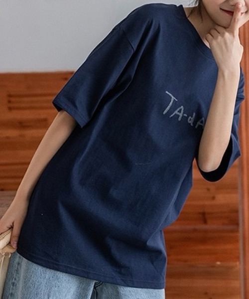 SHOUYO(ショウヨウ)の「手描き風フードプリントTシャツ(Tシャツ/カットソー・レディース・ネイビー/ホワイト・M)」の13枚目の写真