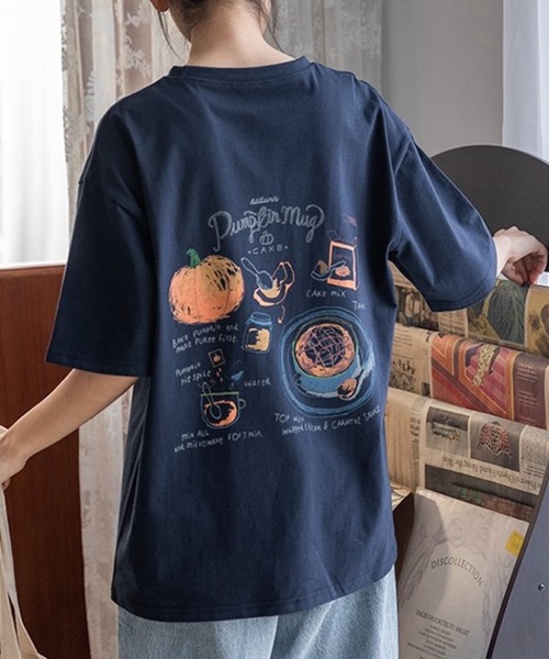 SHOUYO(ショウヨウ)の「手描き風フードプリントTシャツ(Tシャツ/カットソー・レディース・ネイビー/ホワイト・M)」の14枚目の写真