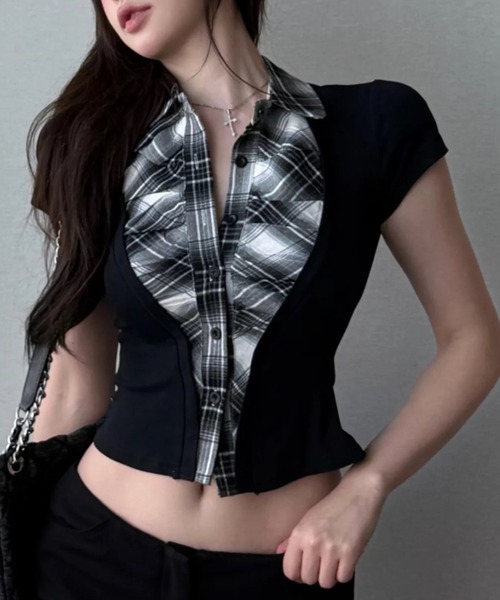 DIAVEL（ディアベル）の「夏のマストITEM【SPECIAL SALE】レイヤード風チェックシャツTシャツ（Tシャツ/カットソー・レディース・ブラック・M）」の7枚目の写真