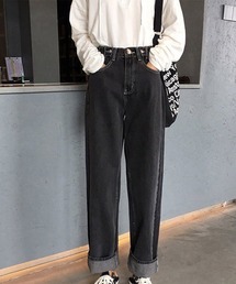 ハイウエストデニムパンツ ウエストボタン