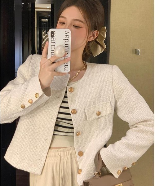 semuse(セミューズ)の「ツイード風ノーカラージャケット(ノーカラージャケット・レディース・ブラック/ホワイト・L/M)」の4枚目の写真