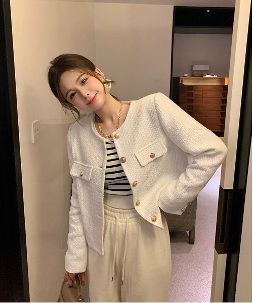 semuse(セミューズ)の「ツイード風ノーカラージャケット(ノーカラージャケット・レディース・ブラック/ホワイト・L/M)」の5枚目の写真