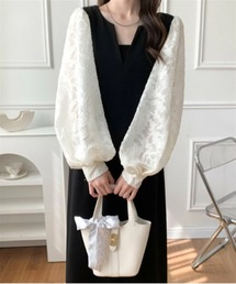 Maison Calme（メゾンカルム）の「【前後2WAY】Vネックぽわん袖スリット入りフラワージャガードロングワンピース　マキシ丈　お呼ばれ　結婚式　パーティー　セレモニー　デート（ワンピース）」