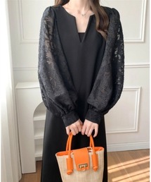 Maison Calme（メゾンカルム）の「【2WAY】Vネックぽわん袖スリット入りフラワージャガードロングワンピース　お呼ばれ　結婚式　パーティー（ワンピース）」