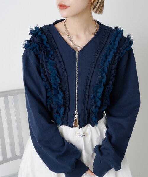 w closet（ダブルクローゼット）の「フリルWジップスウェット（パーカー・レディース・アイボリー/グレー/ネイビー/サックスブルー・FREE）」の11枚目の写真