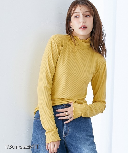 slattgir（スラットジール）の「高身長　細リブハイネックカットソートップス（トールサイズ）（Tシャツ/カットソー・レディース・イエロー/オフホワイト/ネイビー×ホワイト/ブラック/ライトグレー/ホワイト×ブラック/サックスブルー・T3L/T4L/T5L/TM/TL/TLL）」の7枚目の写真