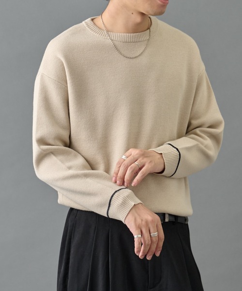 COLONY 2139（コロニートゥーワンスリーナイン）の「リサイクルポリライン配色クルーニット（ニット/セーター・メンズ・グレー/チャコールグレー/アイボリー/ブラック/バーガンディー/ベージュ・MEDIUM/LARGE）」の2枚目の写真