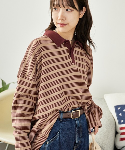 MILLER(ミラー)の「R.P.miller/ミラー Waffle Polo PO ボーダーデザイン プルオーバー ワッフル素材ポロシャツ(ポロシャツ・レディース・ブルー/グリーン/ブラウン・FREE)」の2枚目の写真