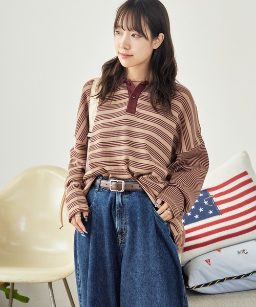 MILLER(ミラー)の「R.P.miller/ミラー Waffle Polo PO ボーダーデザイン プルオーバー ワッフル素材ポロシャツ(ポロシャツ・レディース・ブルー/グリーン/ブラウン・FREE)」の4枚目の写真