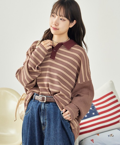 MILLER(ミラー)の「R.P.miller/ミラー Waffle Polo PO ボーダーデザイン プルオーバー ワッフル素材ポロシャツ(ポロシャツ・レディース・ブルー/グリーン/ブラウン・FREE)」の5枚目の写真