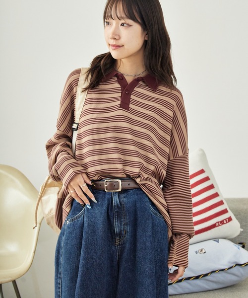 MILLER(ミラー)の「R.P.miller/ミラー Waffle Polo PO ボーダーデザイン プルオーバー ワッフル素材ポロシャツ(ポロシャツ・レディース・ブルー/グリーン/ブラウン・FREE)」の6枚目の写真