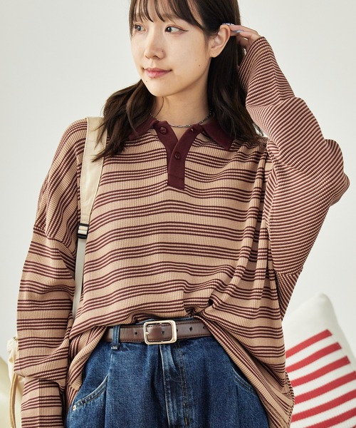 MILLER(ミラー)の「R.P.miller/ミラー Waffle Polo PO ボーダーデザイン プルオーバー ワッフル素材ポロシャツ(ポロシャツ・レディース・ブルー/グリーン/ブラウン・FREE)」の7枚目の写真