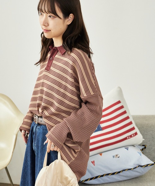 MILLER(ミラー)の「R.P.miller/ミラー Waffle Polo PO ボーダーデザイン プルオーバー ワッフル素材ポロシャツ(ポロシャツ・レディース・ブルー/グリーン/ブラウン・FREE)」の8枚目の写真