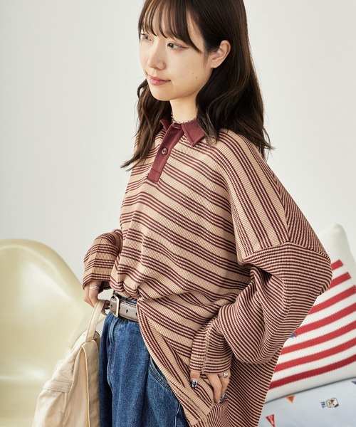 MILLER(ミラー)の「R.P.miller/ミラー Waffle Polo PO ボーダーデザイン プルオーバー ワッフル素材ポロシャツ(ポロシャツ・レディース・ブルー/グリーン/ブラウン・FREE)」の9枚目の写真