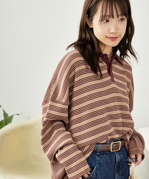 MILLER(ミラー)の「R.P.miller/ミラー Waffle Polo PO ボーダーデザイン プルオーバー ワッフル素材ポロシャツ(ポロシャツ・レディース・ブルー/グリーン/ブラウン・FREE)」の10枚目の写真