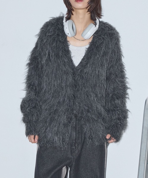 セール】モヘアライクシャギーニットルーズVネックカーディガン