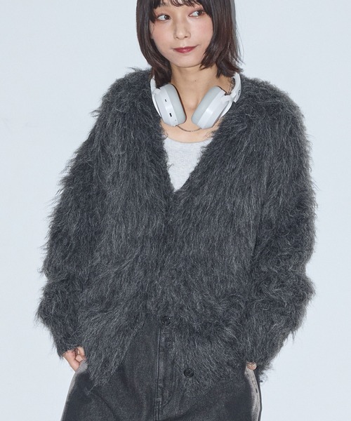 セール】モヘアライクシャギーニットルーズVネックカーディガン