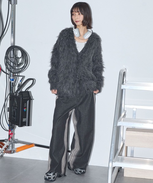 セール】モヘアライクシャギーニットルーズVネックカーディガン