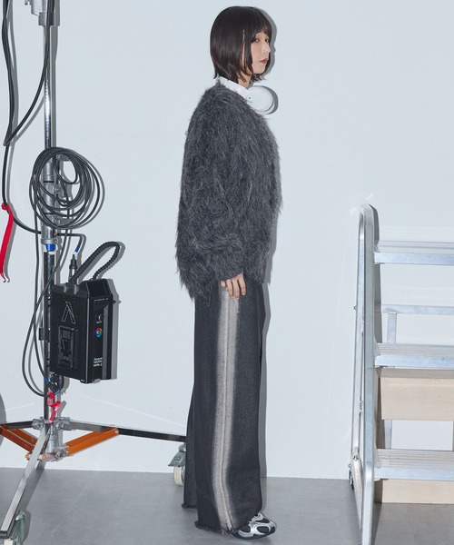 セール】モヘアライクシャギーニットルーズVネックカーディガン