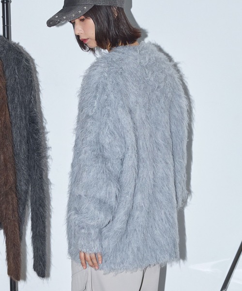 セール】モヘアライクシャギーニットルーズVネックカーディガン